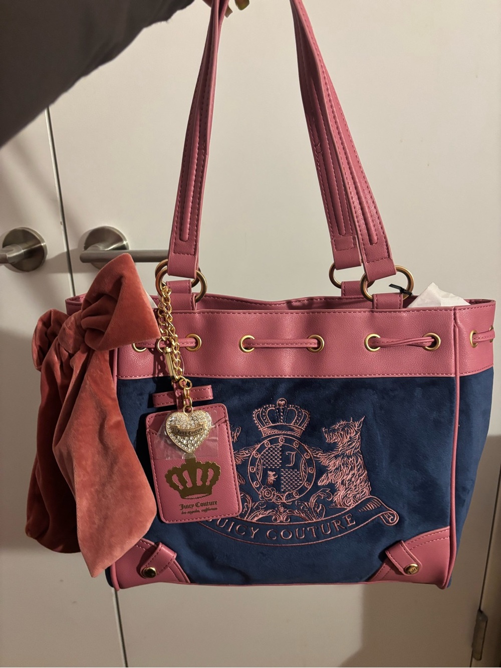 Juicy Couture Scottie dogs Pink & Navy Tote Bag color is regal blue/chateau - Picture 5 of 11